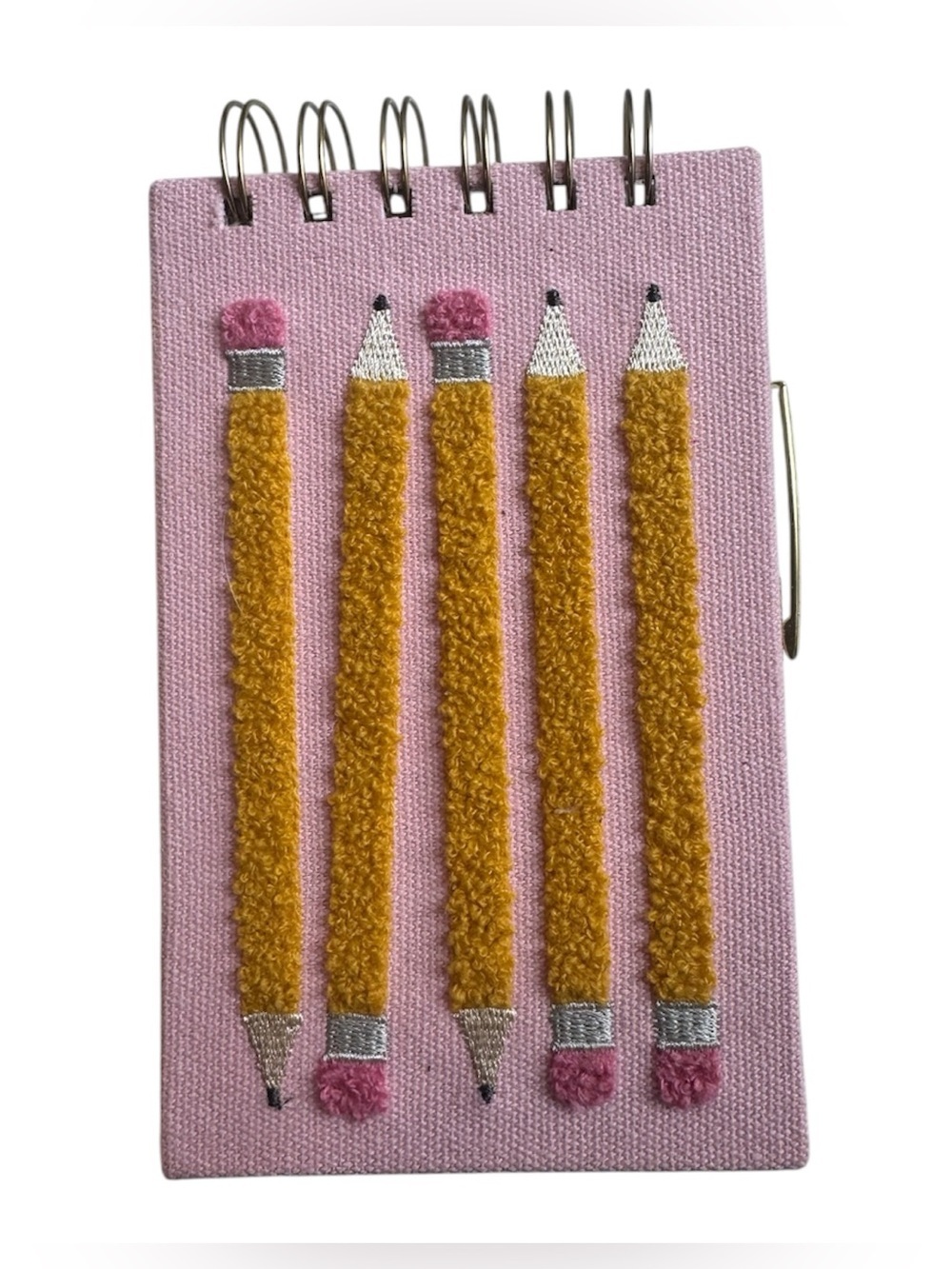 Embroidered Pink Notebook with Yellow Pencil Design